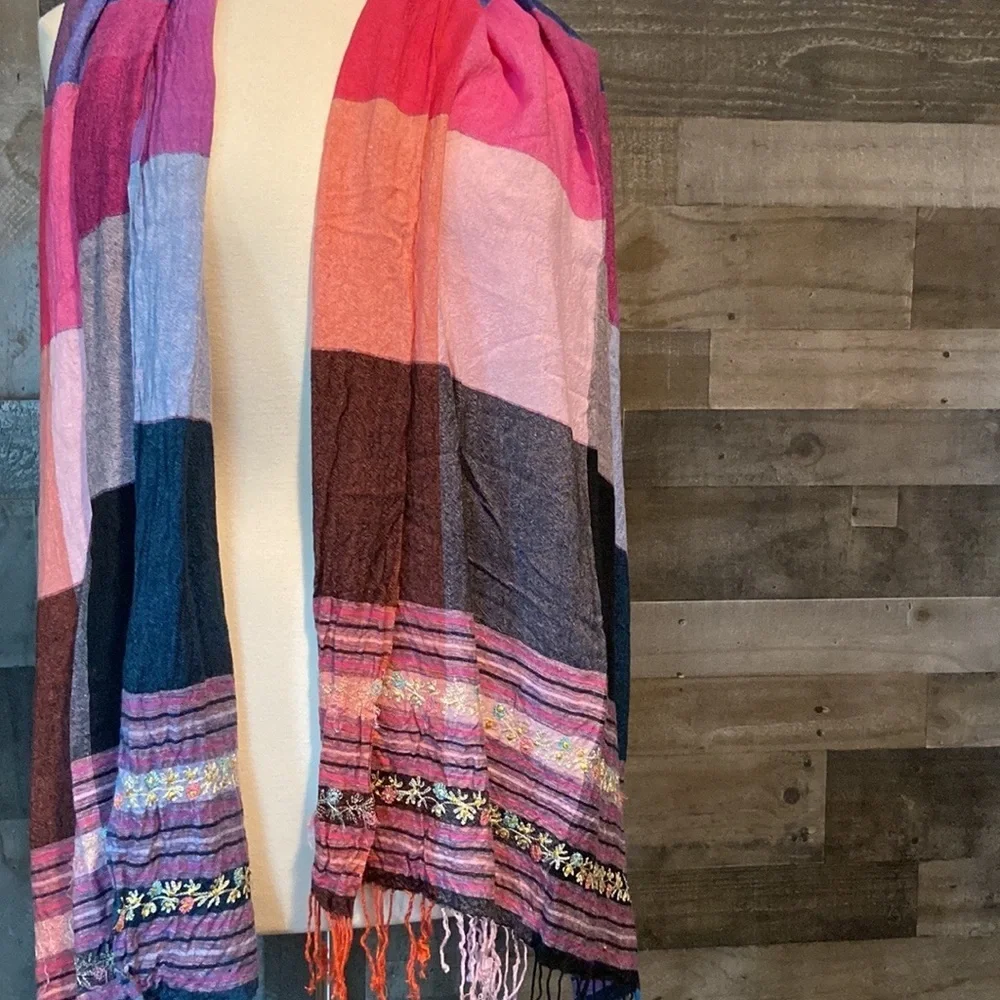 Rainbow patchwork scarf floral embroidery quiet luxury resortwear glam vacation